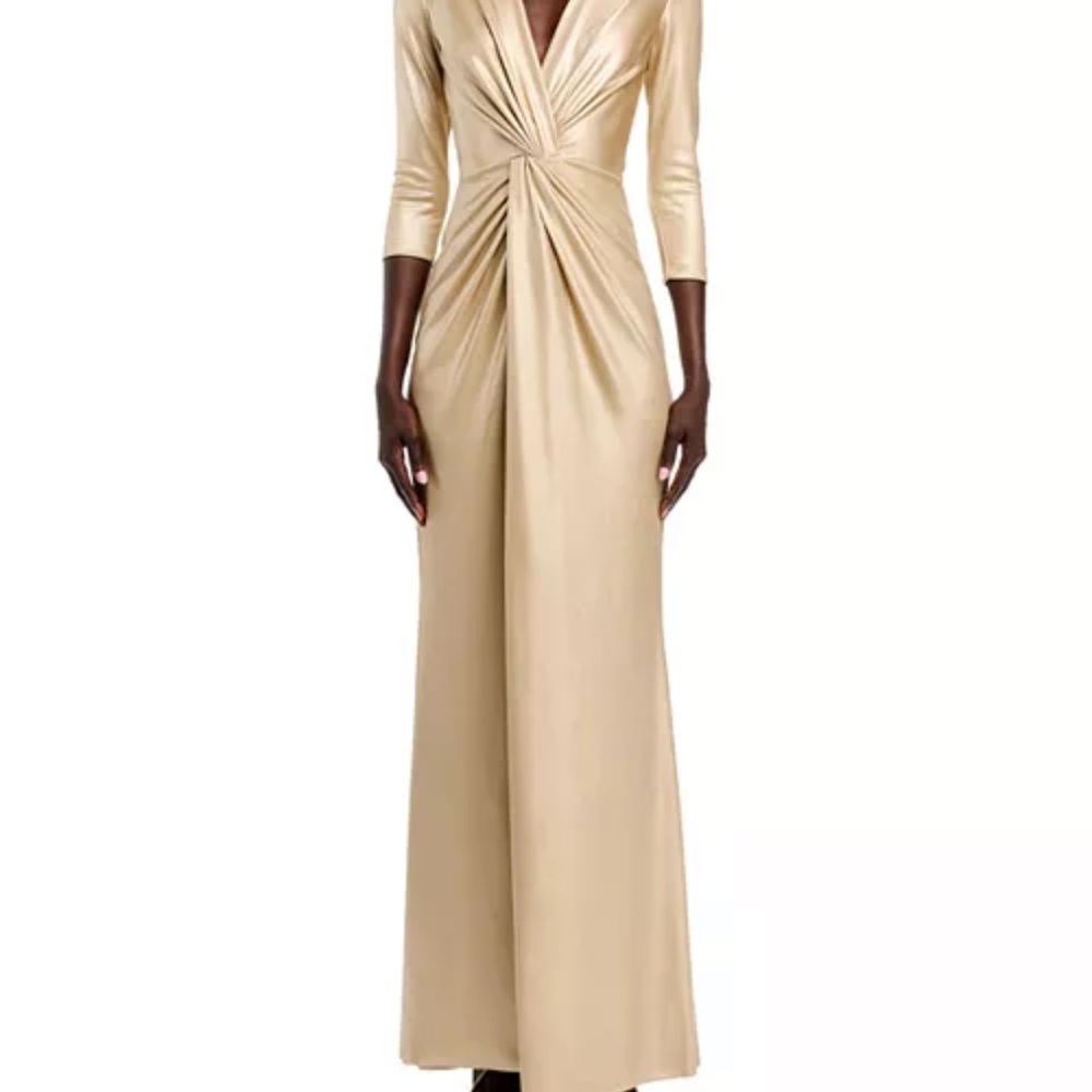 Chiara Boni Metallic Gold Long Sleeve Twist Front Maxi Dress